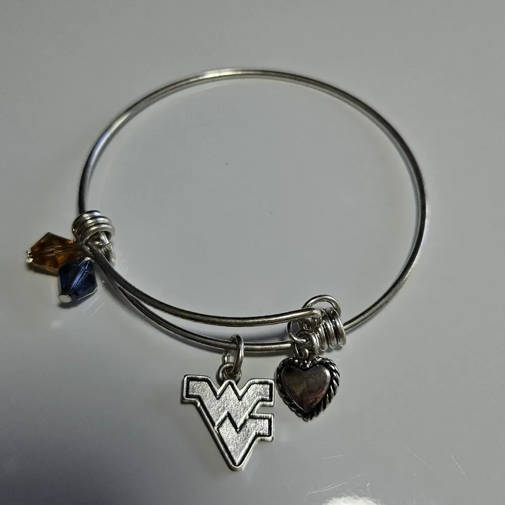 West Virginia Mountaineers Silver Tone Slide Heart Bead Charm Bracelet 7.5